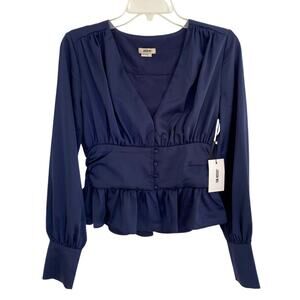 Jason Wu Navy Blue Satin Long Sleeve Button V-Neck Ruffle Peplum Blouse Top NWT